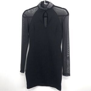 Windsor Black Sparkle Collar Sexy Semi Sheer Long Sleeve Mini Party Dress